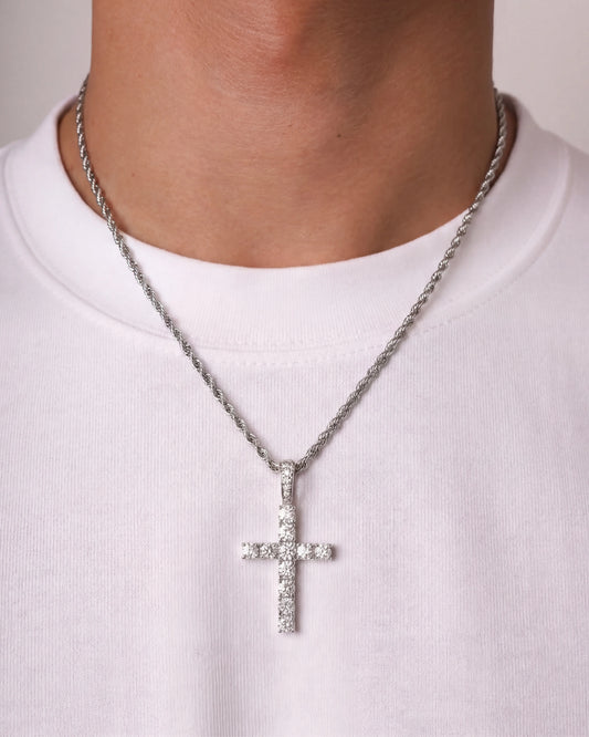 Iced cross chain silver on model image