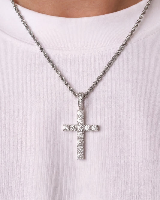 Iced cross chain silver on model close up image