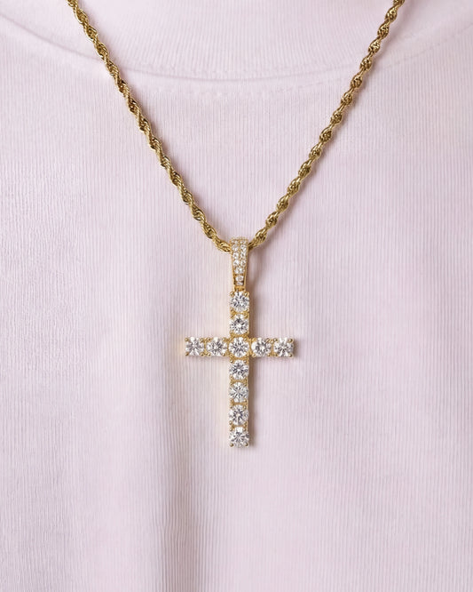 Iced cross chain gold on model close up image