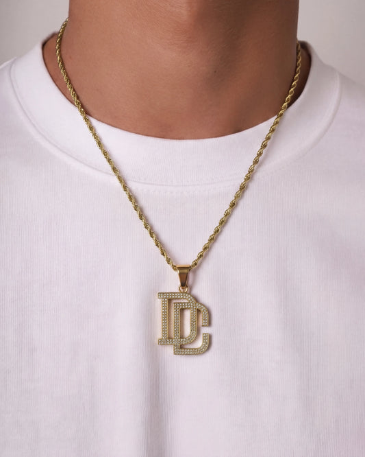 DC chain gold necklace on model photo