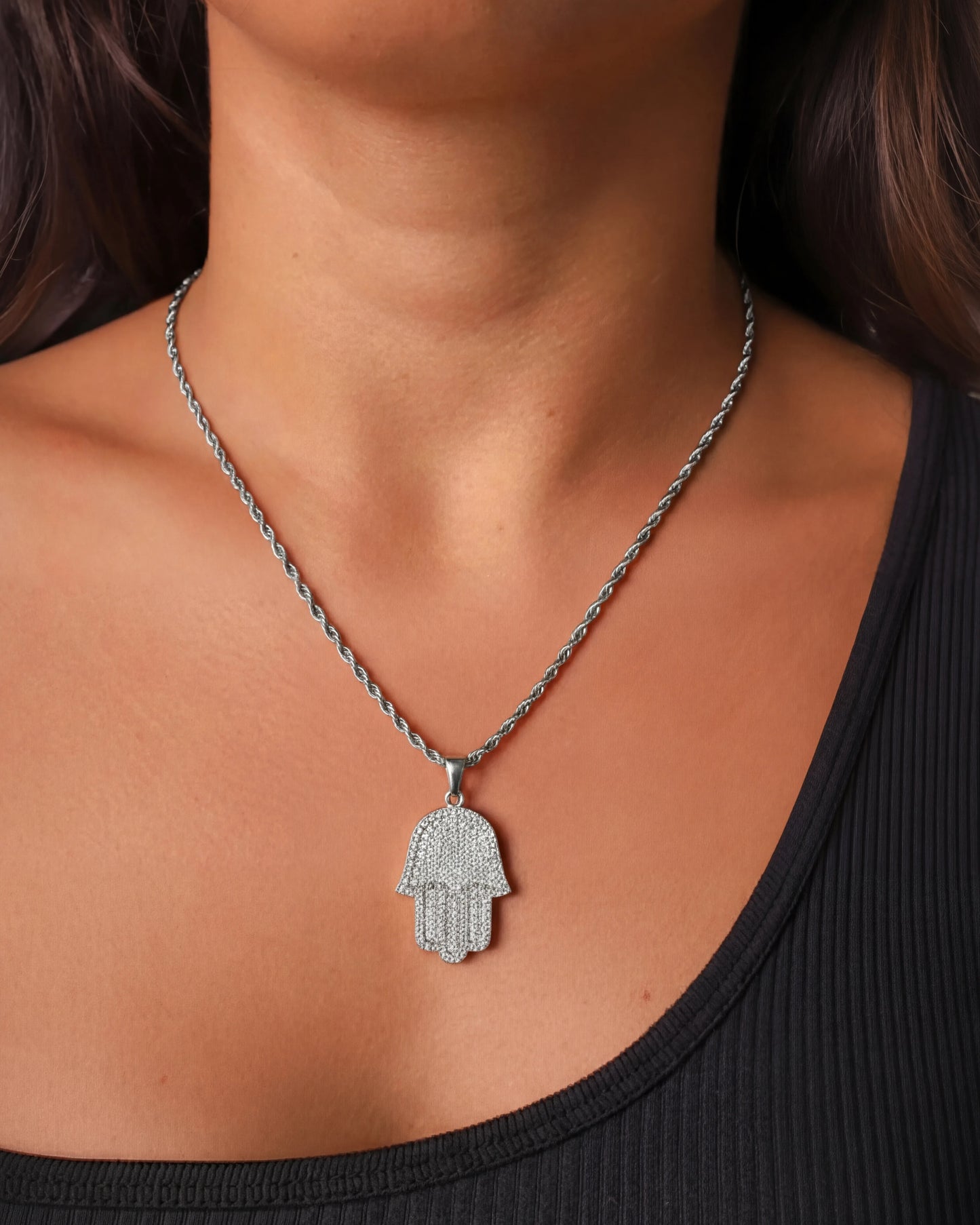 Hamsa hand chain silver on female model photo