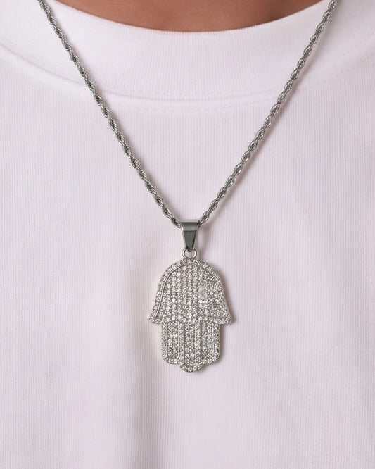 Hamsa hand chain silver on model close up photo