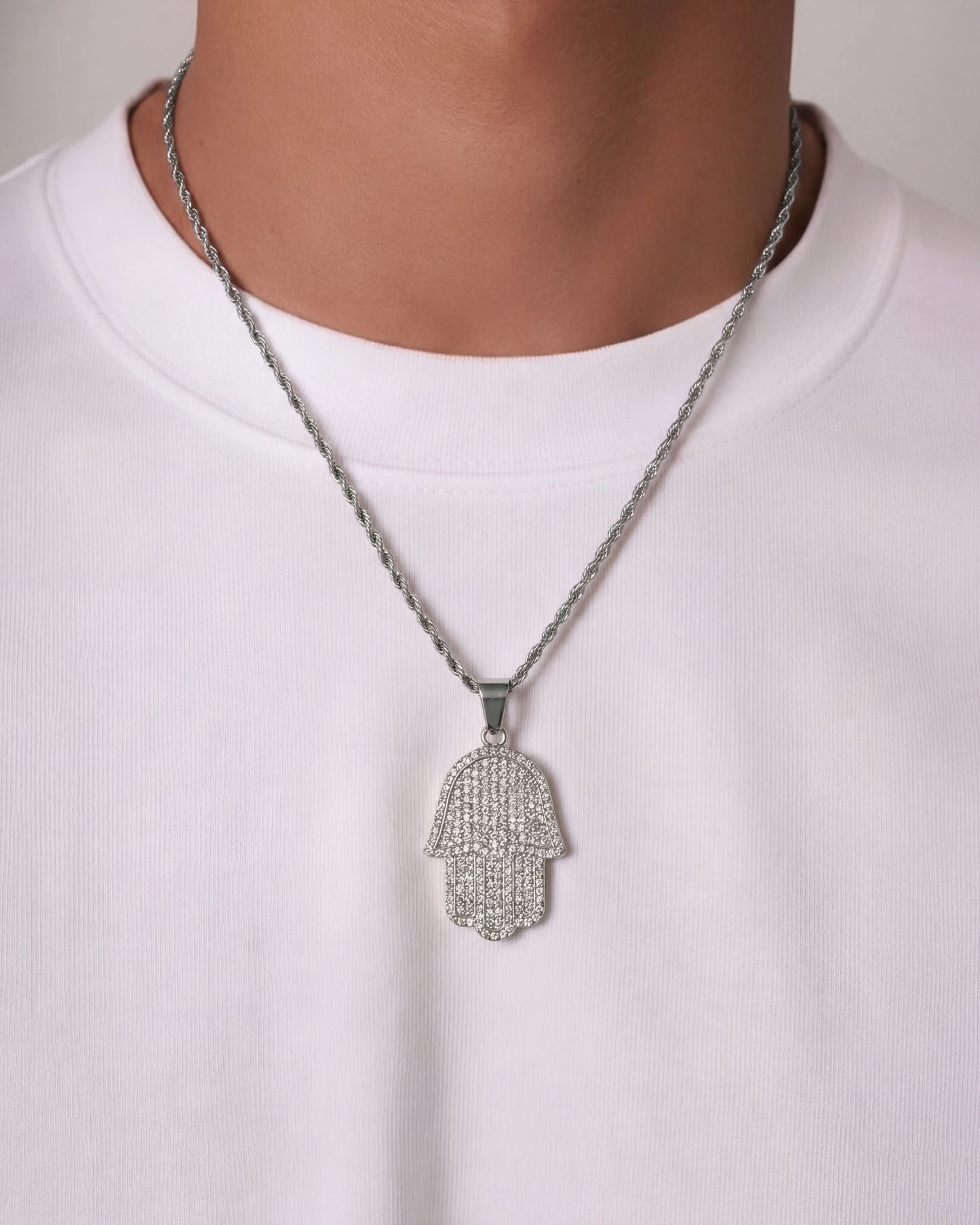 Hamsa hand chain silver on model photo