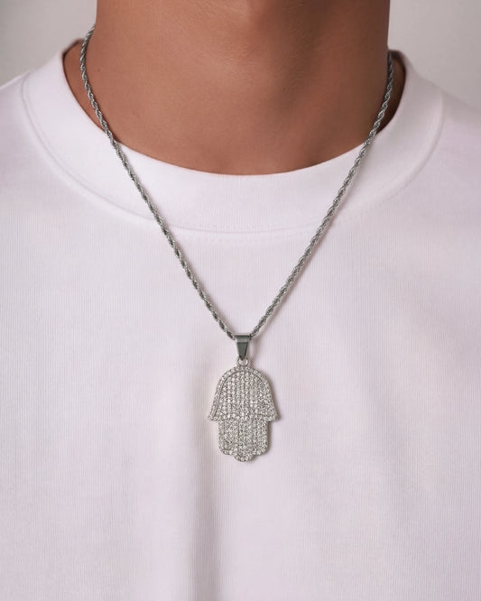 Hamsa hand chain silver on model photo