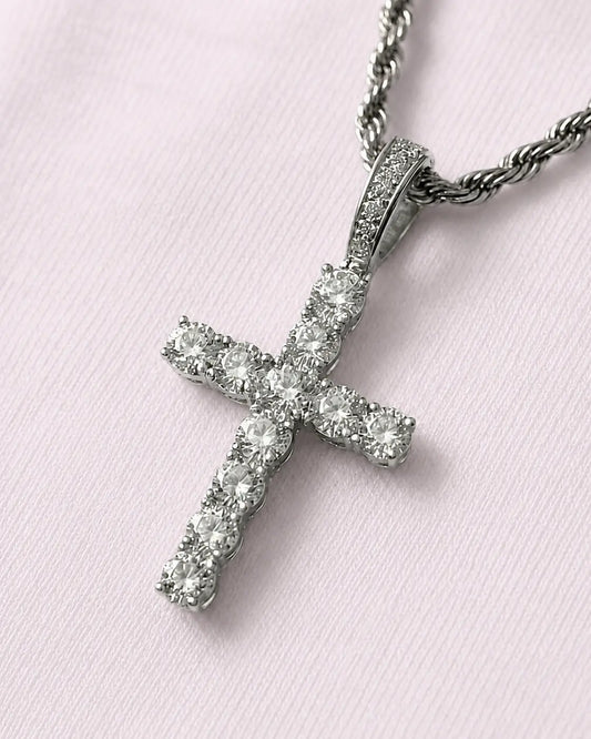 Iced Cross Chain Silver on model close up