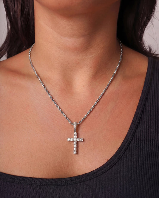 Iced cross chain silver on female model image