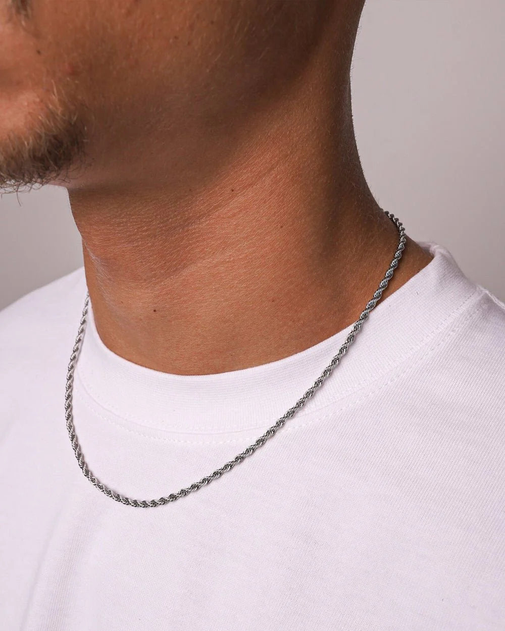 Silver rope chain necklace worn product photo